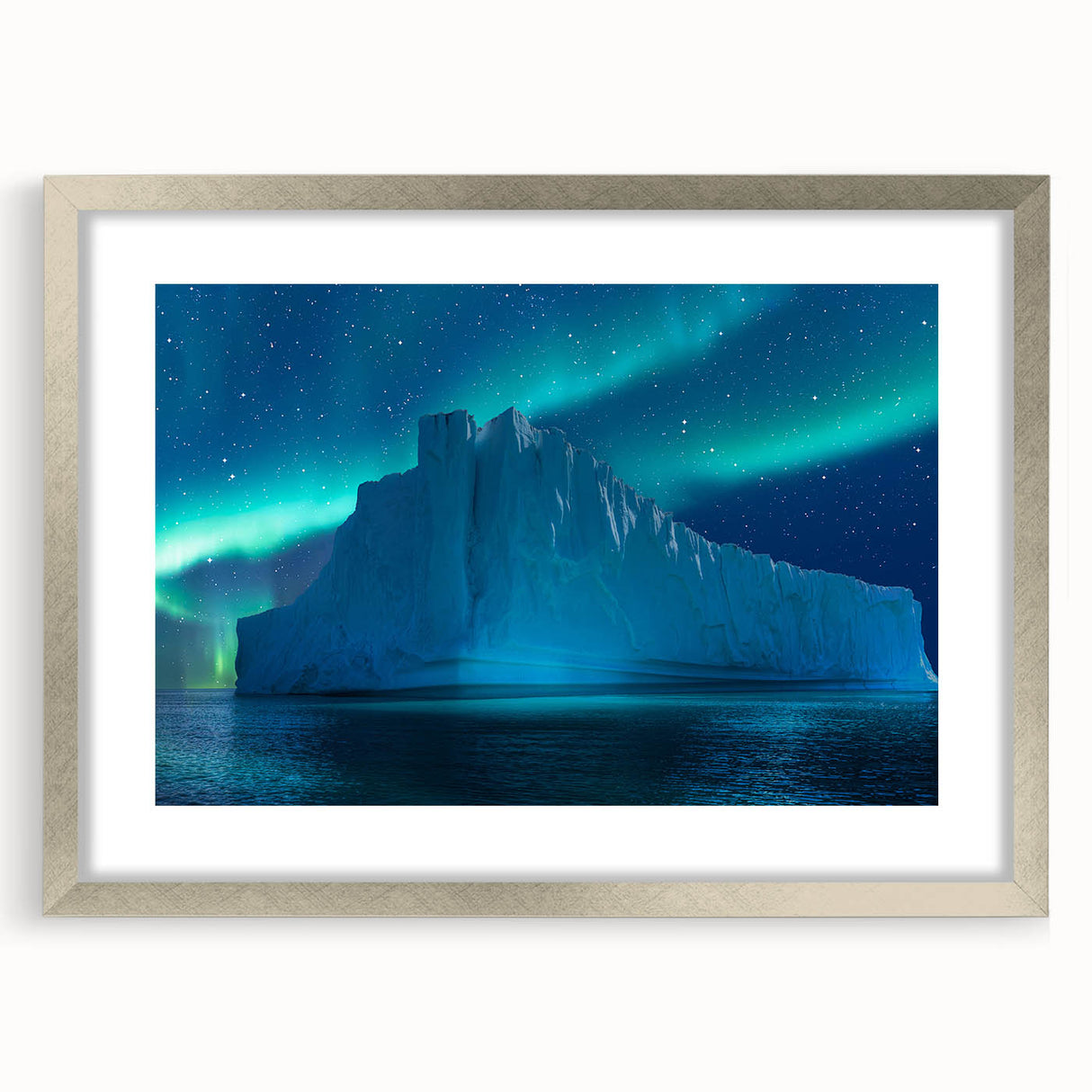 Textured art of an abstract Antarctic landscape in muted blues and grays on a framed silver mat, ideal for bedroom art.