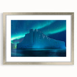 Textured art of an abstract Antarctic landscape in muted blues and grays on a framed silver mat, ideal for bedroom art.
