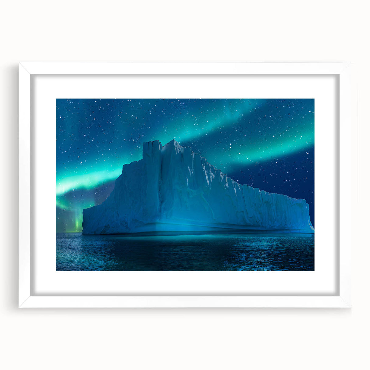 Abstract art print of an Antarctic landscape in muted blue and white tones on a framed canvas.