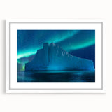 Abstract art print of an Antarctic landscape in muted blue and white tones on a framed canvas.