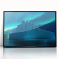 Large abstract wall art depicting an Antarctic landscape in muted blue and white tones, framed in black acrylic.