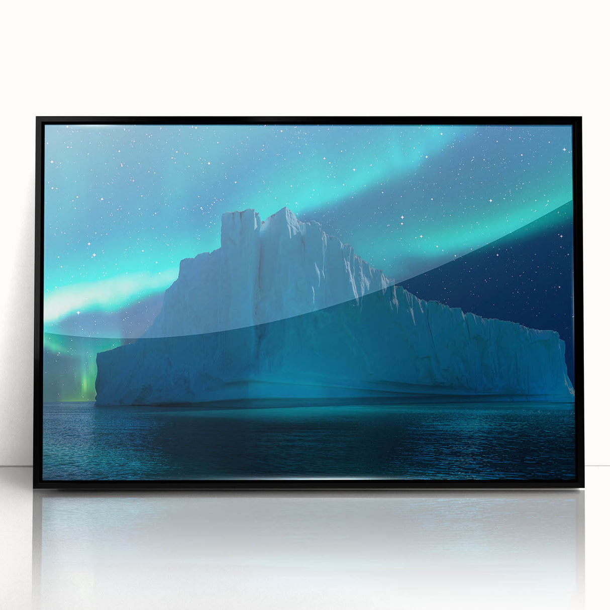 Large abstract wall art depicting an Antarctic landscape in muted blue and white tones, framed in black acrylic.