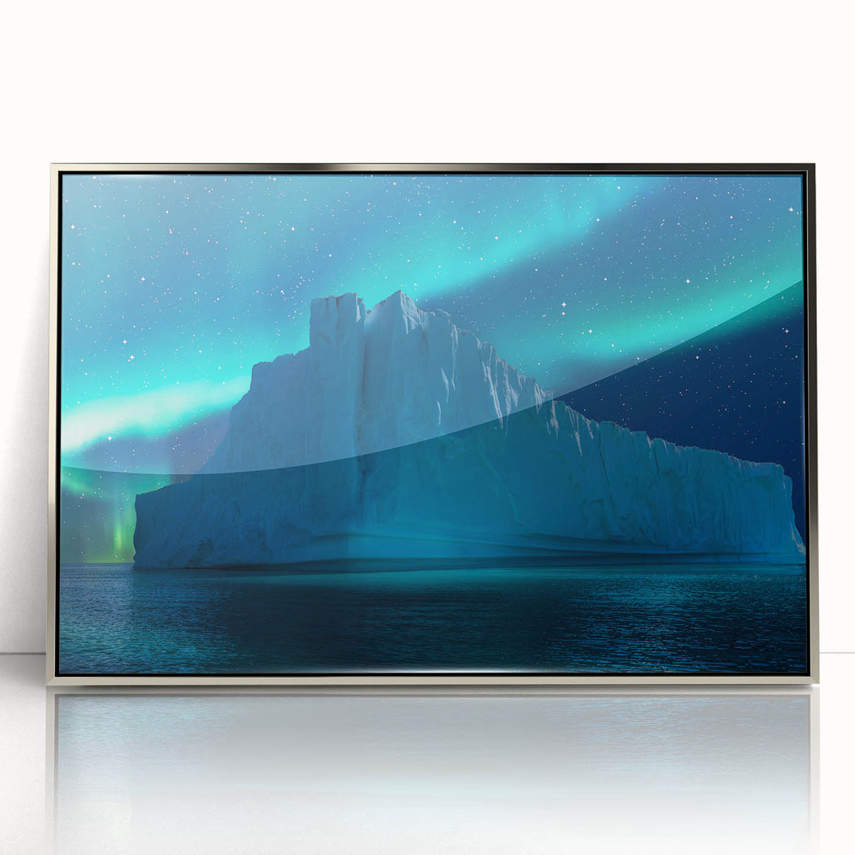Mid-century modernist art depicting an Antarctic landscape in muted blue and gray tones on a framed acrylic panel.
