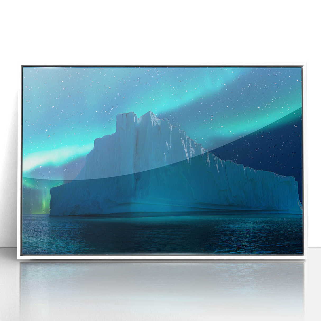Antarctic landscape depicted in a minimalist art deco style on a framed acrylic, featuring muted blue and white tones.