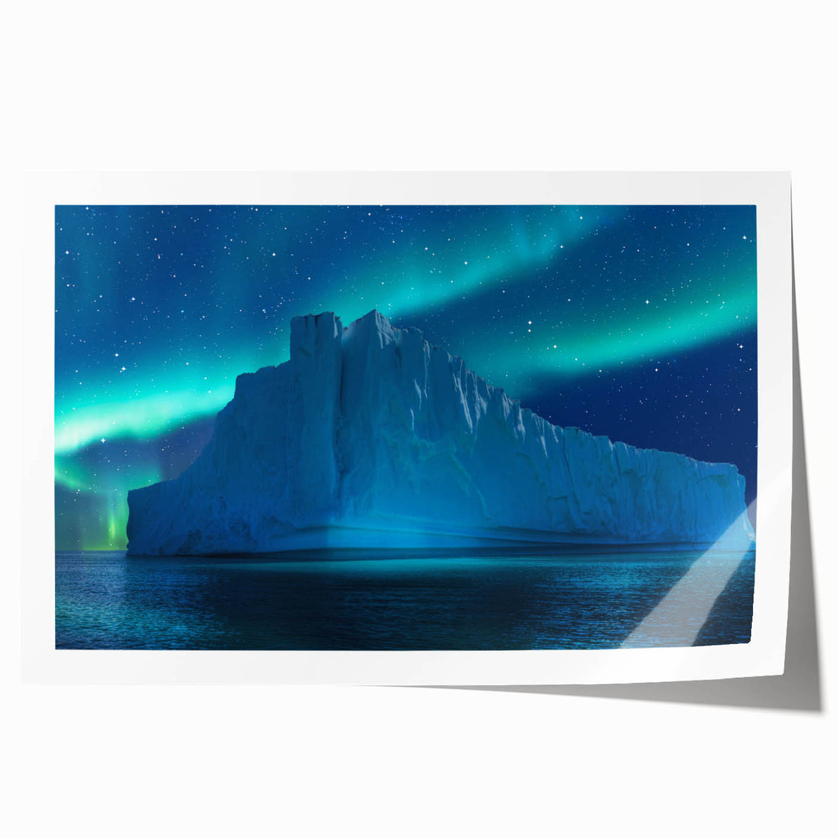 Antarctic landscape on rolled print, featuring icy terrain in muted blue and white tones, suitable for art wall dining room.
