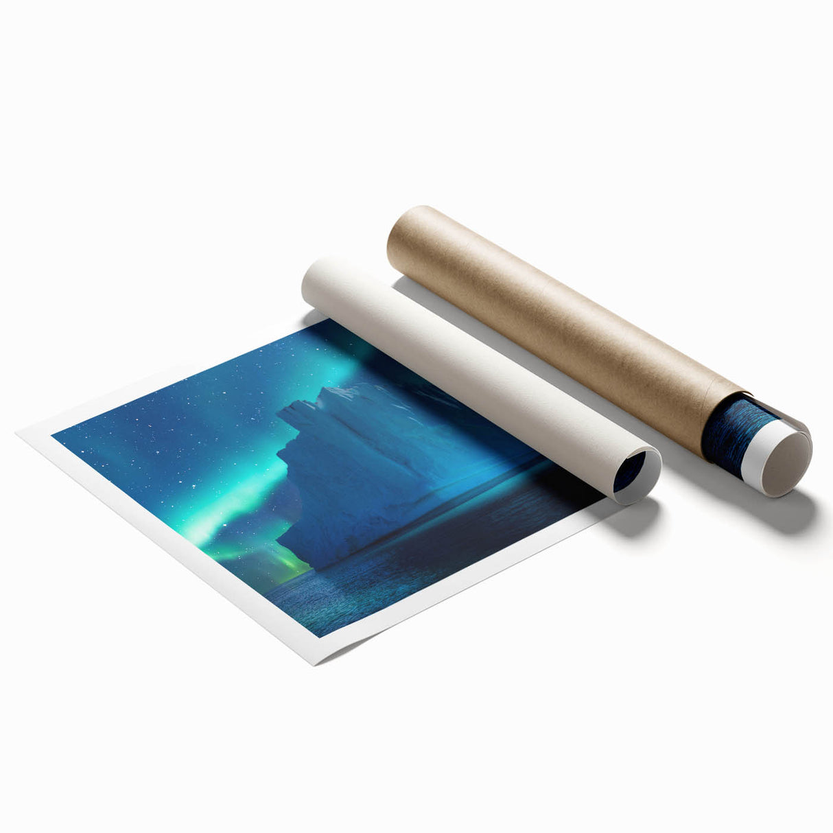Antarctic landscape rolled print featuring icy blue tones and minimalistic style, suitable for large bathroom wall art.