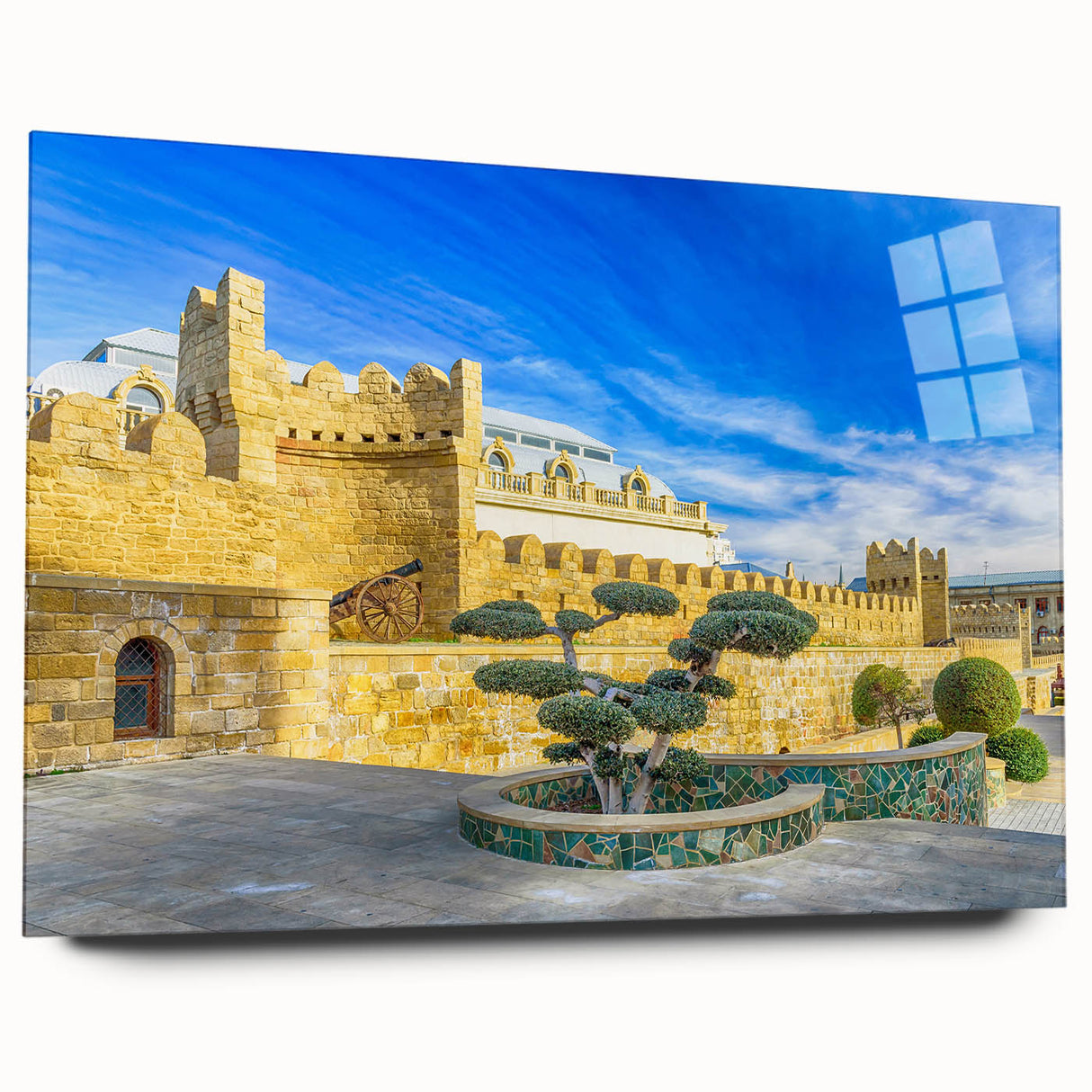 Large abstract wall art on acrylic glass depicting vibrant earth tones and fluid shapes.