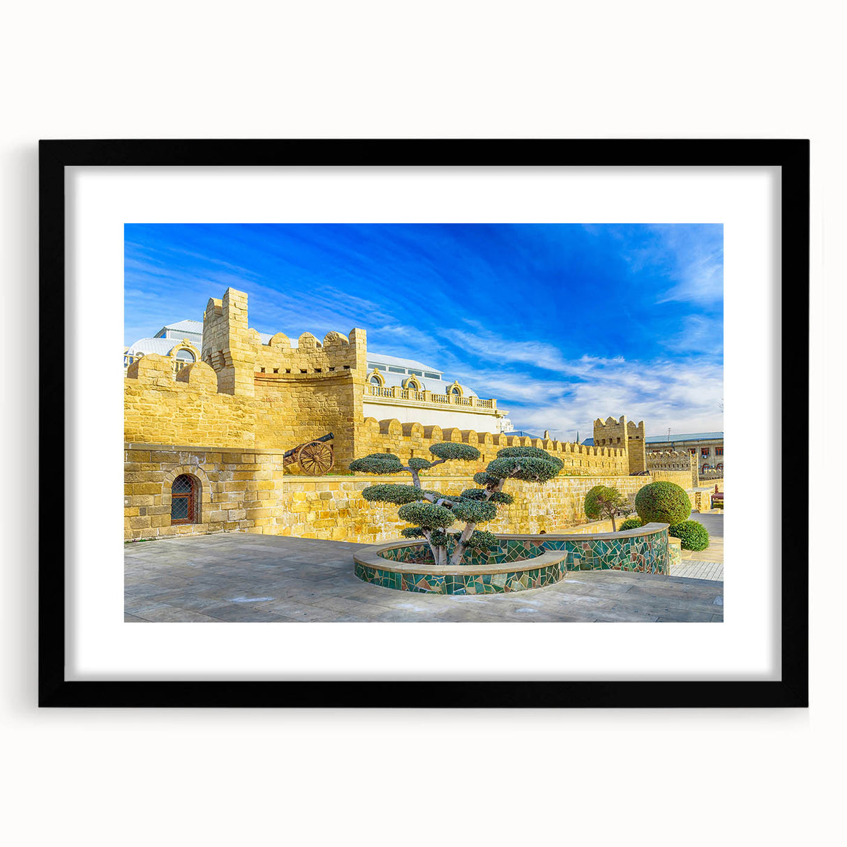 Extra large abstract art print featuring vibrant, textured colors of a stylized Azerbaijan scene on a framed black mat.