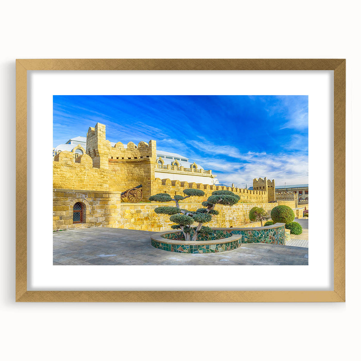 Extra large abstract art print depicting a textured scenery in gold tones, framed with a mat, suitable for living room decor.