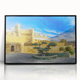 Large abstract wall art depicting a mid-century modernist scene in vibrant colors on a framed acrylic panel.