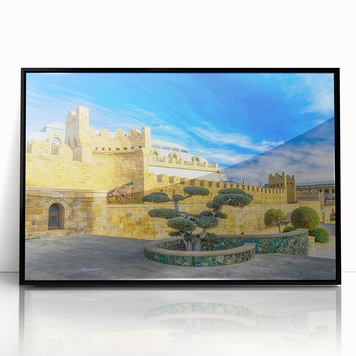 Large abstract wall art depicting a mid-century modernist scene in vibrant colors on a framed acrylic panel.