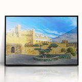 Large abstract wall art depicting a mid-century modernist scene in vibrant colors on a framed acrylic panel.