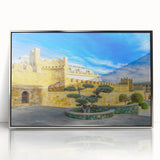 Mid-century modernist art depicting an Asian landscape in muted earth tones on a silver-framed acrylic print.