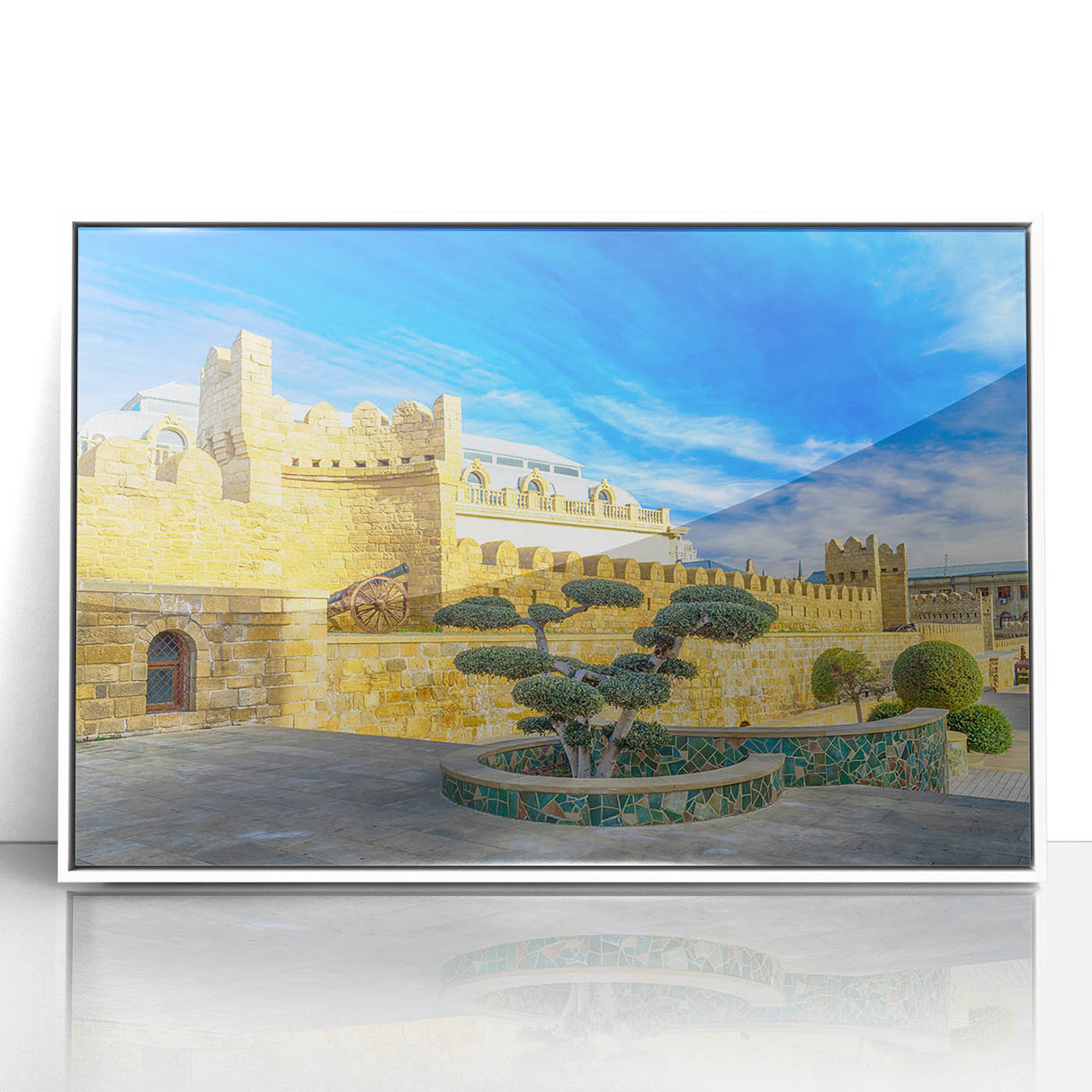 Art deco poster featuring a serene Azerbaijan landscape in muted green and blue tones, acrylic framed.