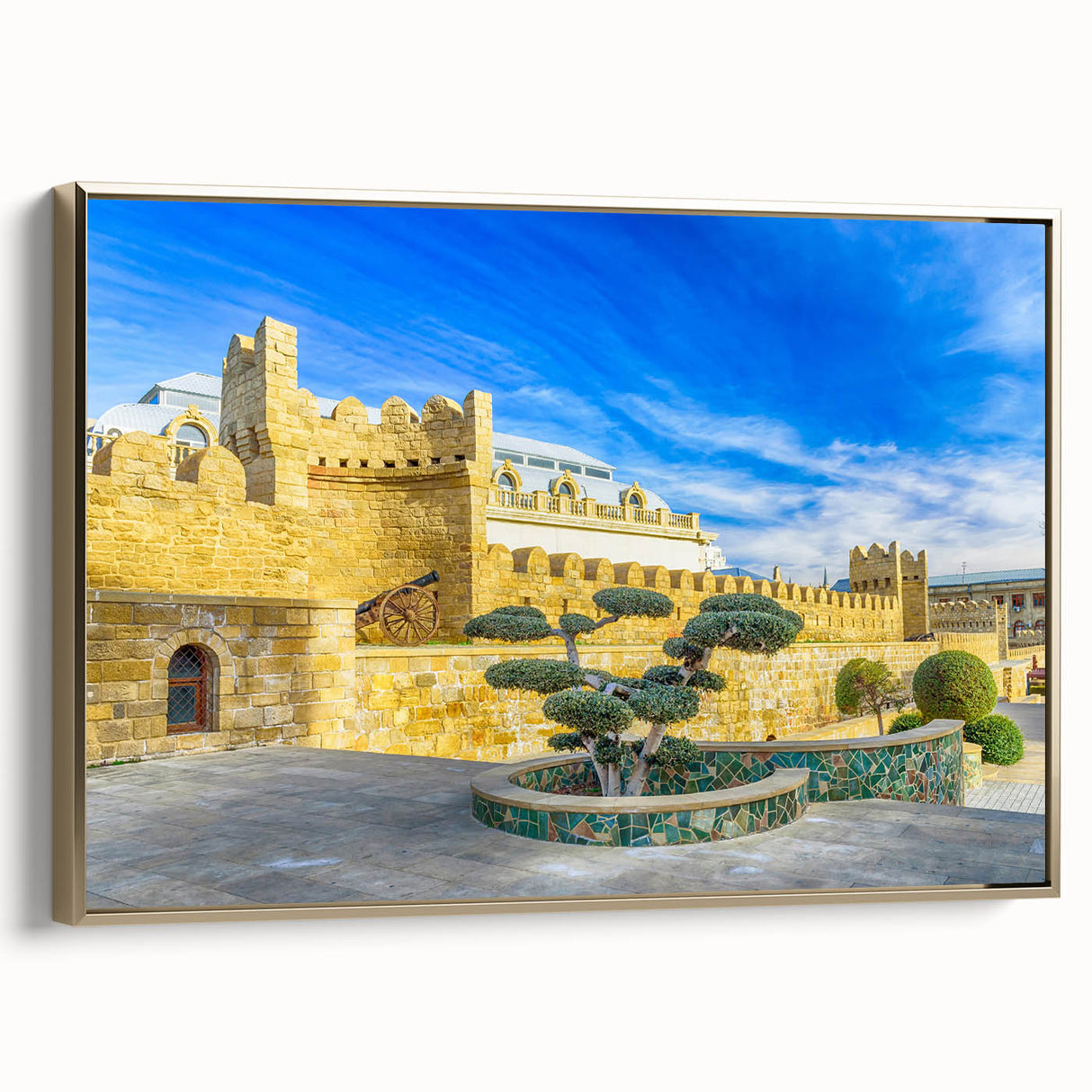 Framed canvas featuring a vintage-style landscape painting of Azerbaijan, with muted gold and black tones.