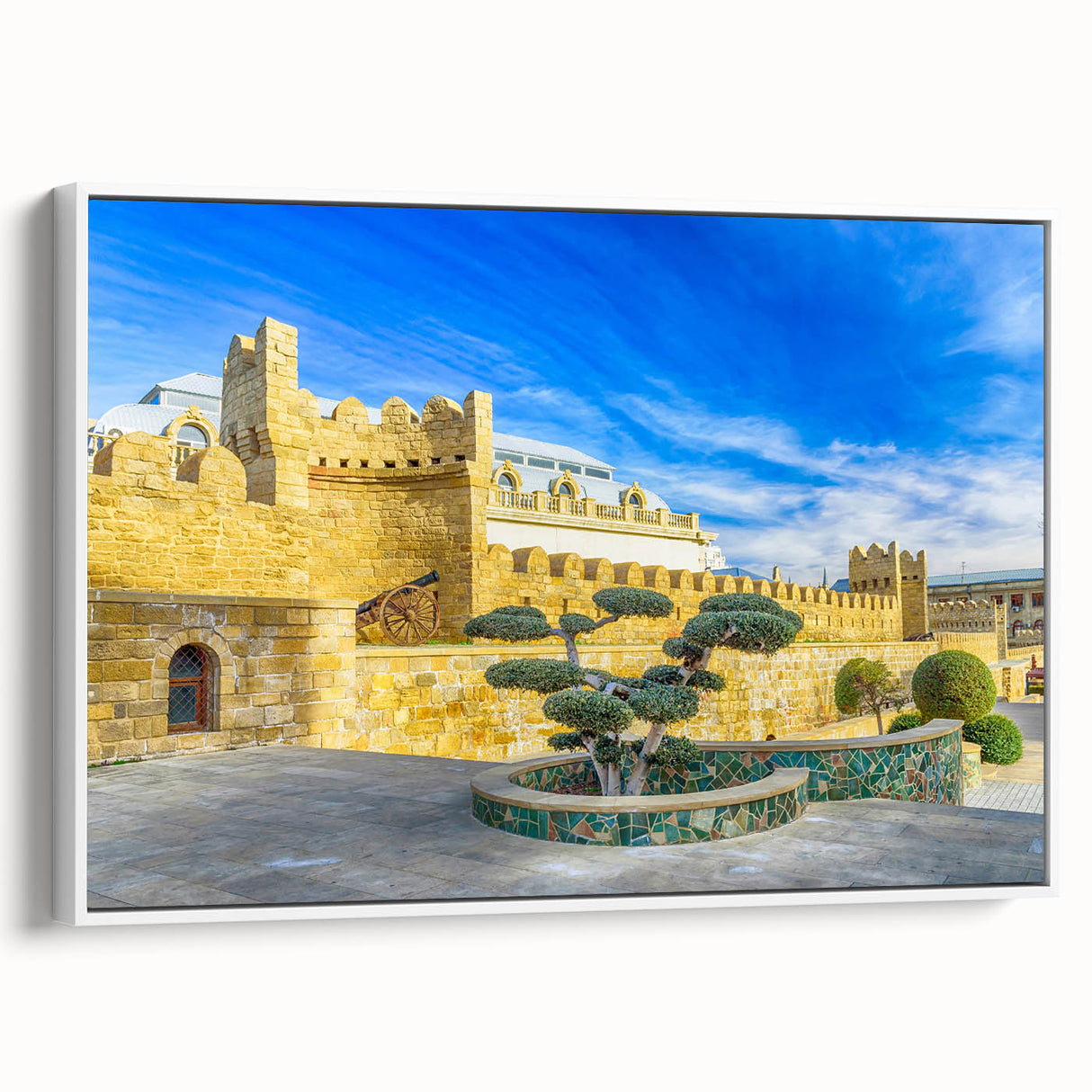 Vintage poster art of Azerbaijan scenery on framed canvas, featuring colorful elements on a black background.
