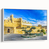 Vintage poster art of Azerbaijan scenery on framed canvas, featuring colorful elements on a black background.