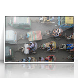 Art deco poster of Bangladesh scenery in muted greens and browns on white framed acrylic, suitable for modern nursery decor.