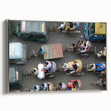 Framed canvas featuring a landscape art painting of a scenic Bangladeshi river, with a palette of vibrant greens and blues.