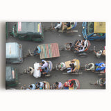 Black and white stretched canvas of a bustling Asian street scene, ideal for kitchen wall art.
