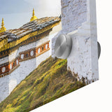 Mid-century modernist style large abstract wall art of Bhutan scenery in vibrant hues, printed on acrylic glass.