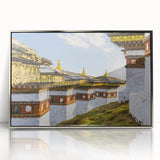 Mid-century modernist art depicting the serene Bhutanese landscape in muted earth tones on a silver-framed acrylic print.