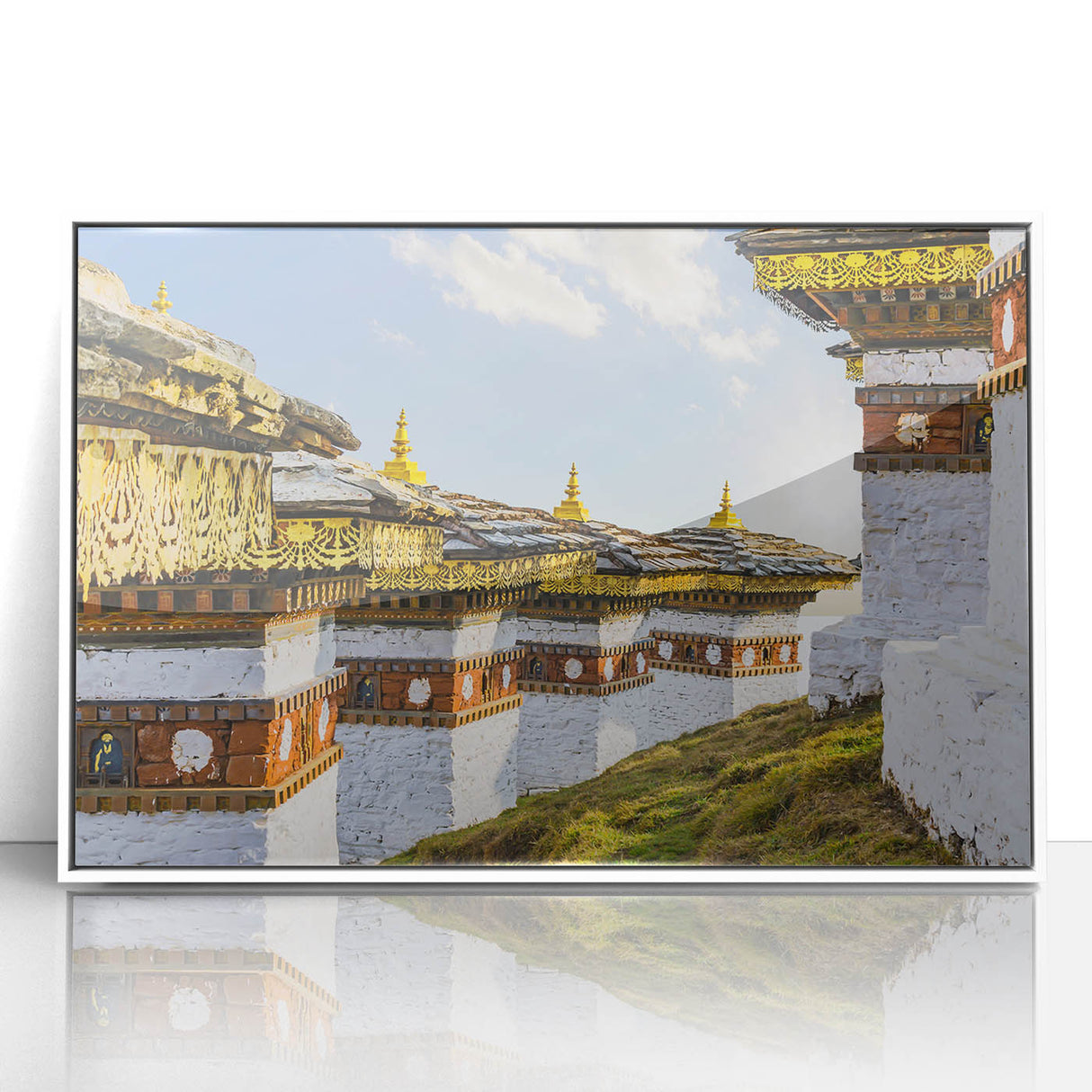 Framed acrylic print of a serene Bhutanese landscape in muted earth tones, ideal for modern art wall decor.