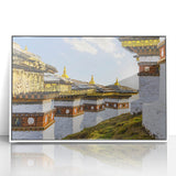 Framed acrylic print of a serene Bhutanese landscape in muted earth tones, ideal for modern art wall decor.