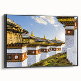 Black and white framed canvas depicting a vintage-style Bhutanese landscape, suitable for bedroom decor.