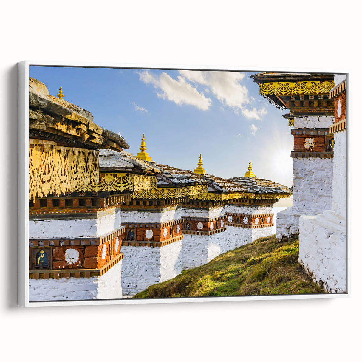Vintage poster art of a Bhutanese landscape in vibrant colors on a large framed canvas, ideal for living room decor.