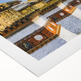 Art deco poster of Bhutan scenery in muted earth tones on rolled canvas, suitable for dining room wall art.