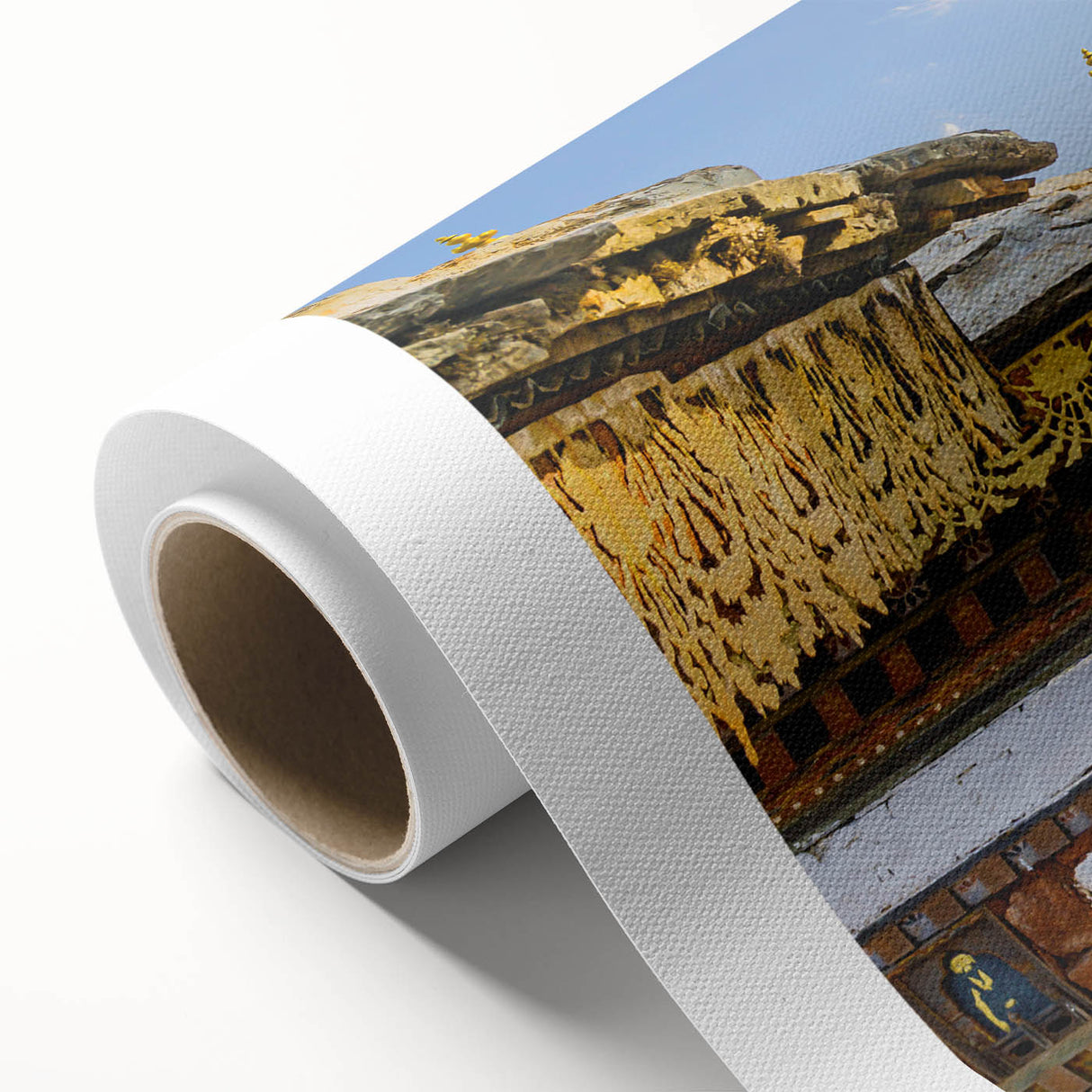 Art Deco poster of Bhutan scenery in pastel shades on rolled canvas, ideal for nursery wall art.