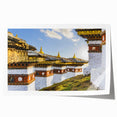 Extra large rolled print of Bhutan scenery with vibrant floral elements, ideal for art wall dining room.