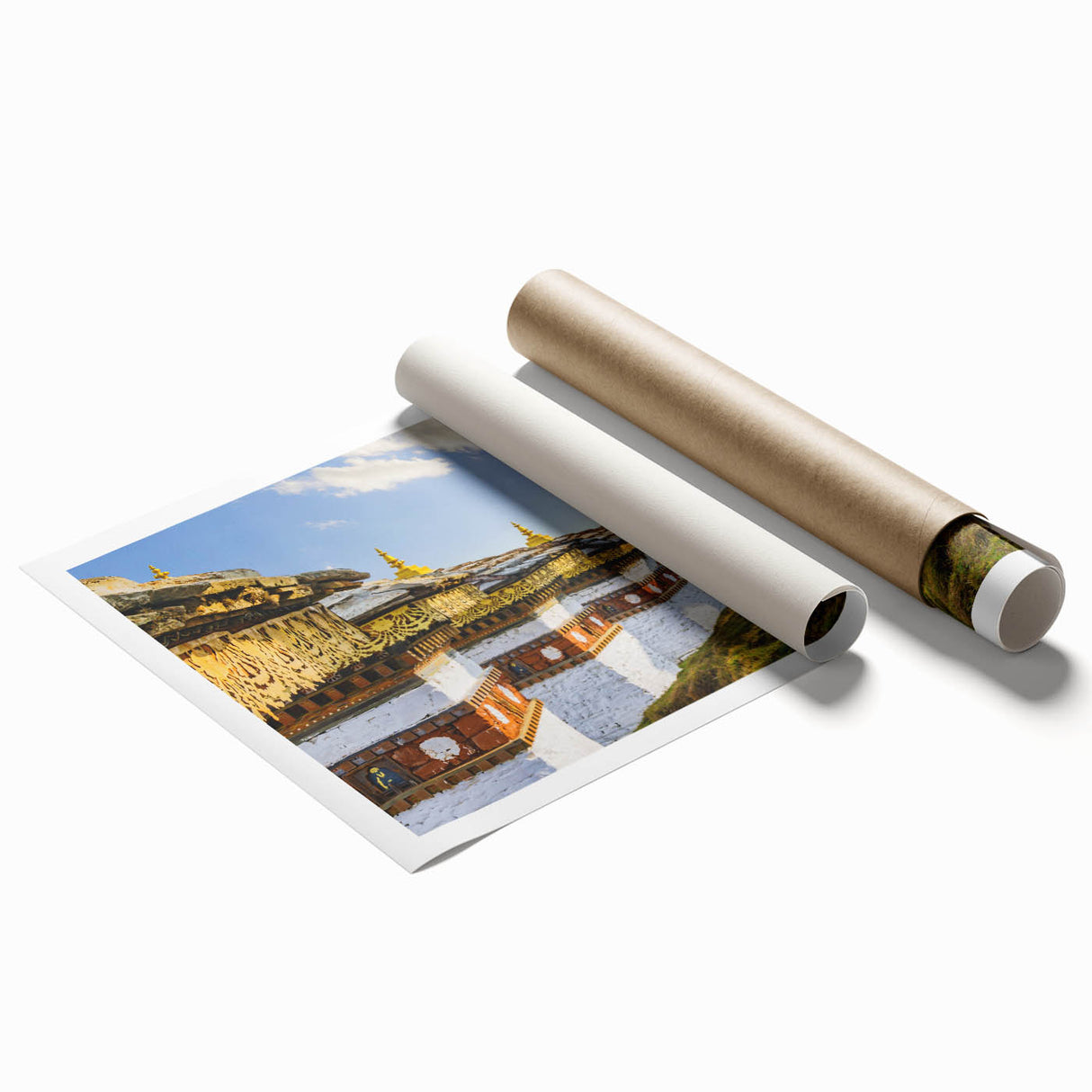 Extra large rolled print of a Bhutanese mountain landscape with vibrant green and blue tones.