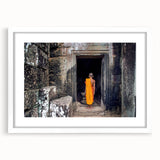 Abstract art print of a Cambodian landscape in muted earth tones on a framed white mat, suitable for dining room decor.