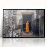 Large abstract wall art depicting a Cambodian landscape in muted earth tones, framed in black acrylic.