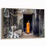 Framed canvas depicting a vintage-style Cambodian landscape in muted gold and black, ideal for bedroom wall art.