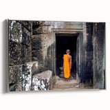 Framed canvas landscape art painting depicting a serene Cambodian scenery in muted earth tones.