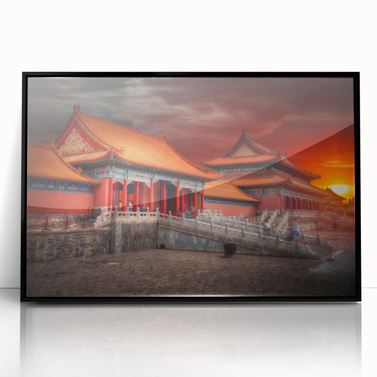 Large abstract wall art depicting a stylized Beijing skyline in muted gray and black tones on a framed acrylic panel.