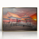 Large acrylic print of Beijing scenery in gold frame, featuring mid-century modernist style, ideal for modern art wall decor.