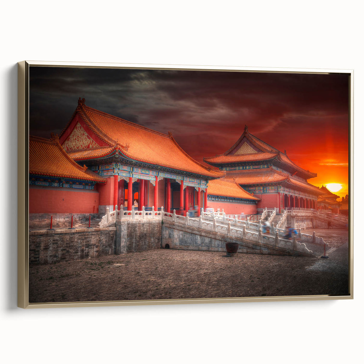 Framed canvas featuring a vintage-style landscape painting of Beijing in black and gold tones, ideal for bedroom decor.