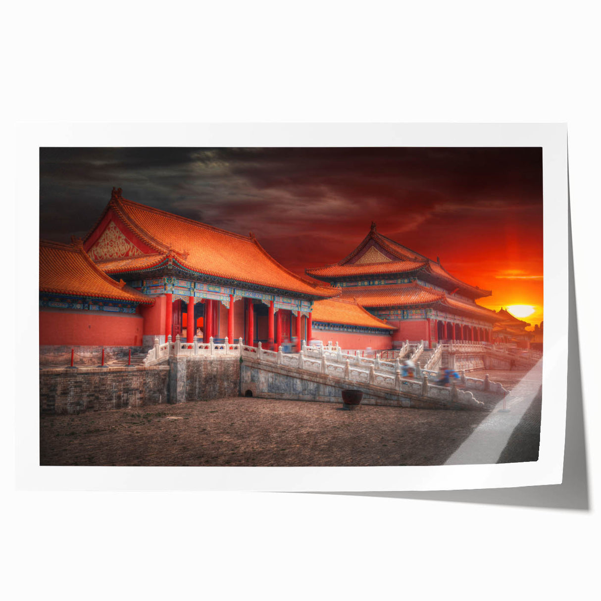 Rolled print of Beijing scenery with floral elements in muted colors, ideal for dining room wall art.