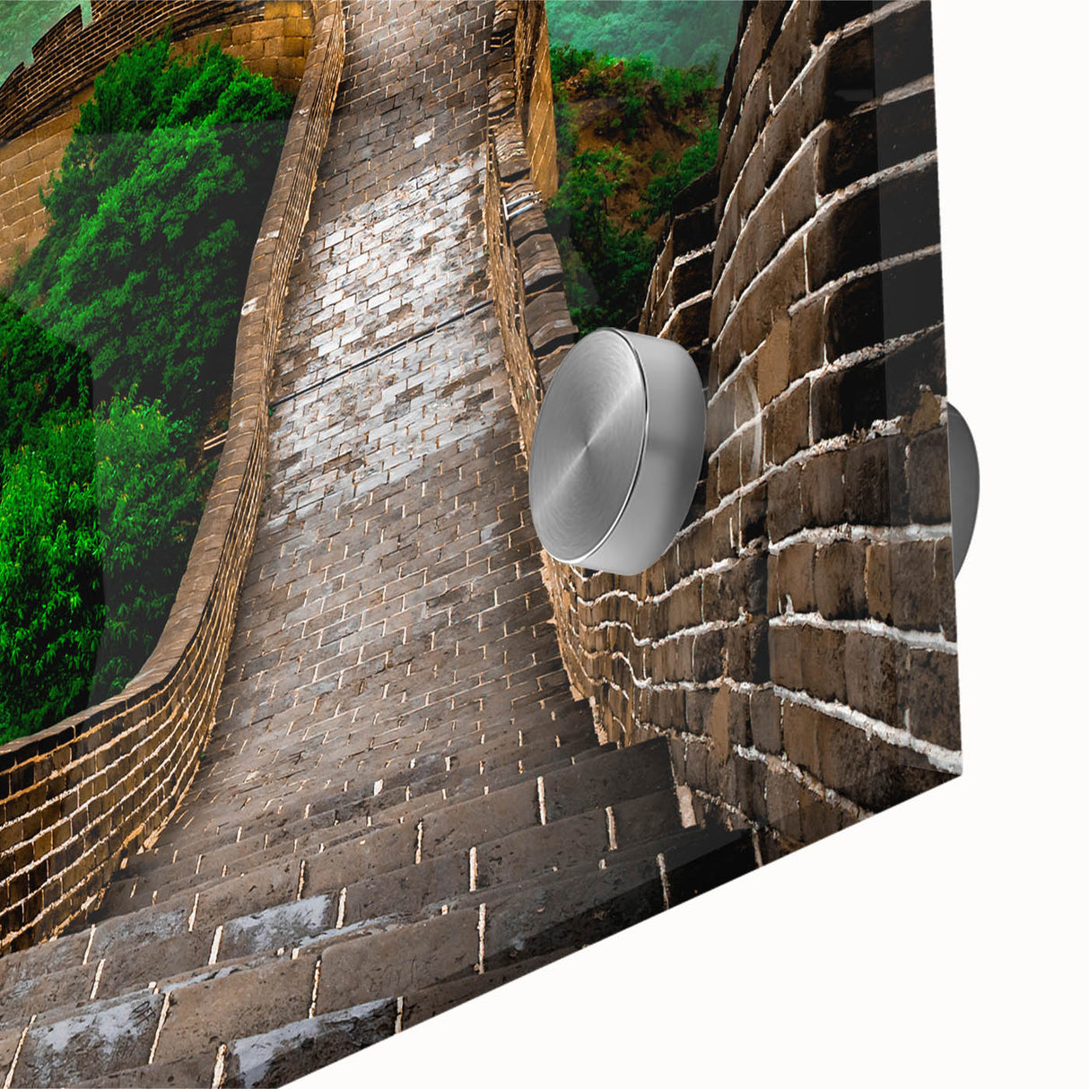 Mid-century modernist art of the Great Wall of China in muted earth tones on acrylic glass, ideal for dining room art.