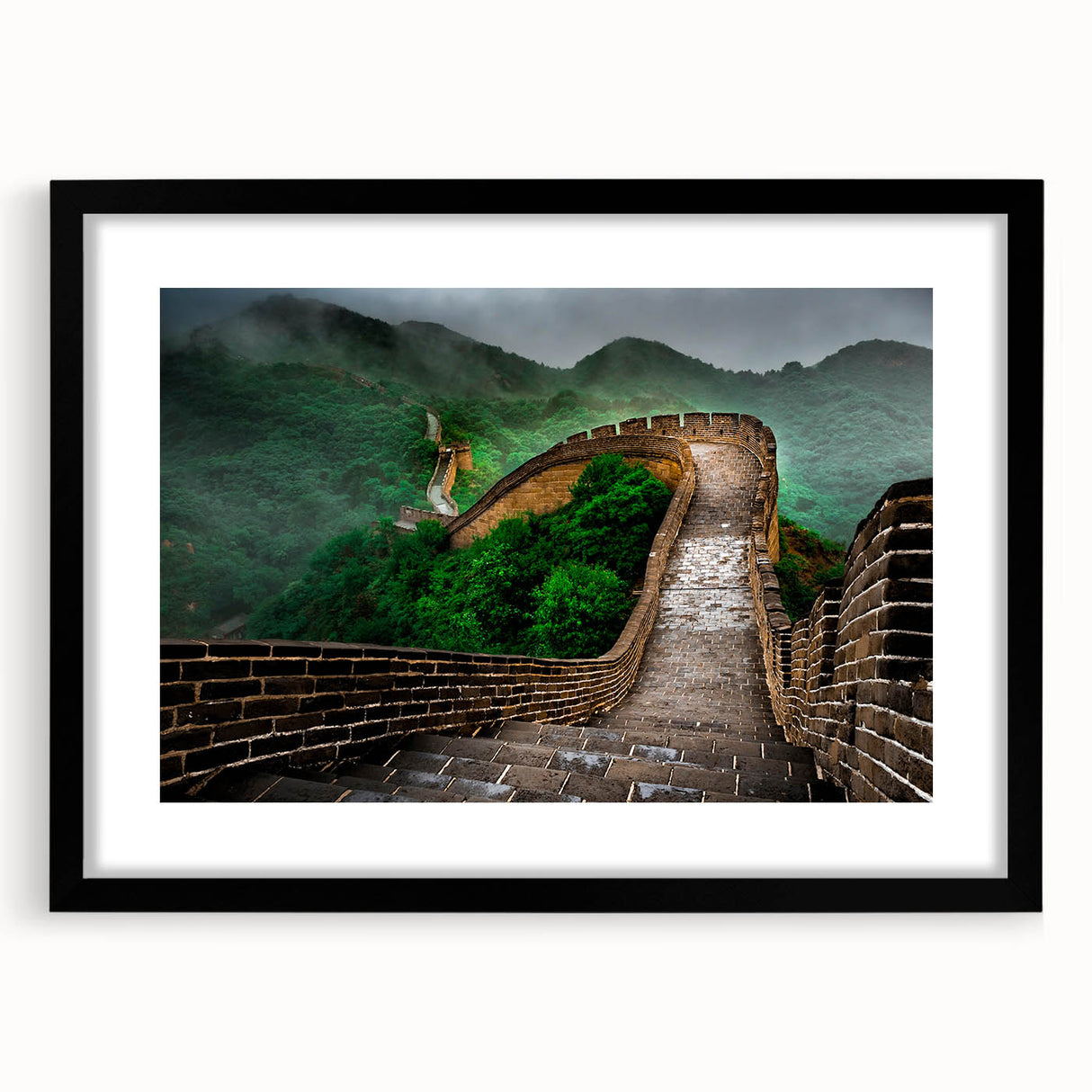 Colorful abstract art print of the Great Wall of China on a large canvas, featuring textured brush strokes in vibrant hues.