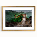 Extra large abstract art print of the Great Wall of China in textured hues of earthy browns and greens, framed in gold.