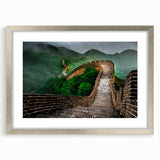 Textured art print of the Great Wall of China in muted earth tones, framed in silver, suitable for bedroom decor.