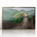 Acrylic print of the Great Wall of China in muted earth tones, framed in gold, reflecting a mid-century modernist style.