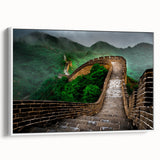 Vintage poster art of the Great Wall of China in colorful hues on a framed canvas, ideal for living room decor.