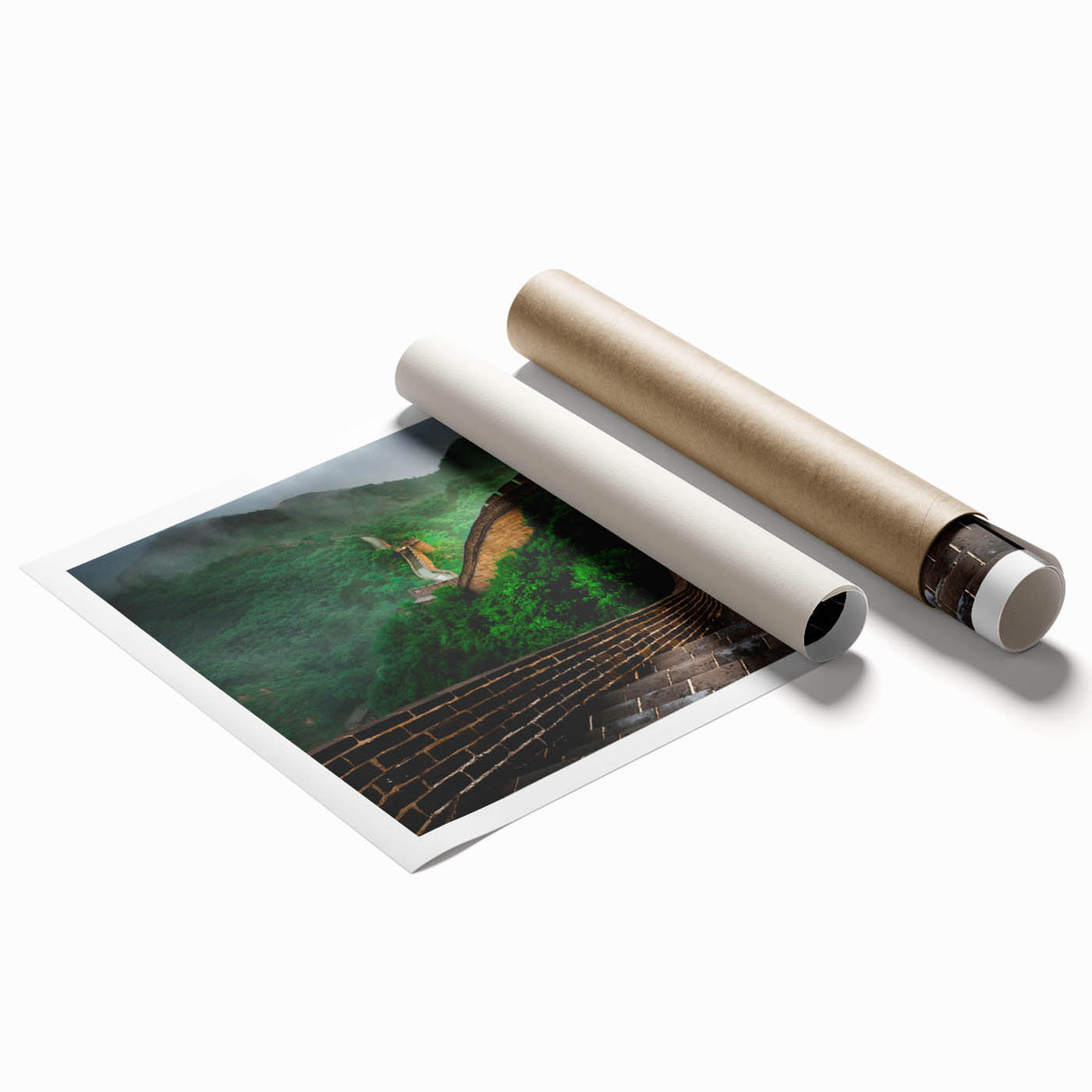 Extra large rolled print of the Great Wall of China in muted earth tones.