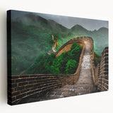 Panoramic view of the Great Wall of China on stretched canvas, in natural earth tones, suitable for kitchen wall art.